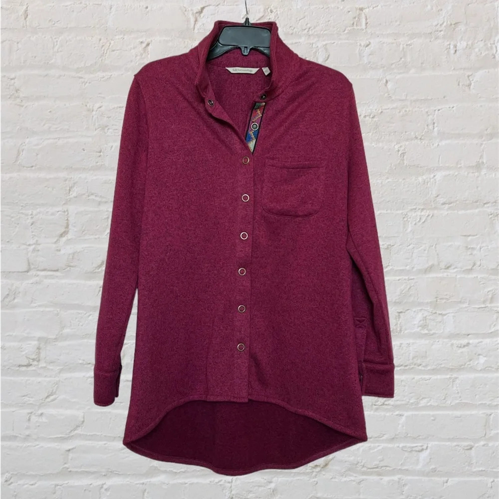 Soft Surroundings Burgundy Wine Shirt Shacket Button Embroidered L Womens  Hi Lo